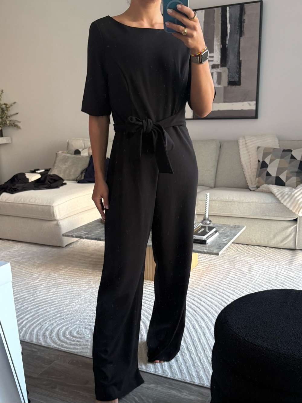 DKNY Black Short-Sleeve Wide-Leg Jumpsuit with Tie Waist